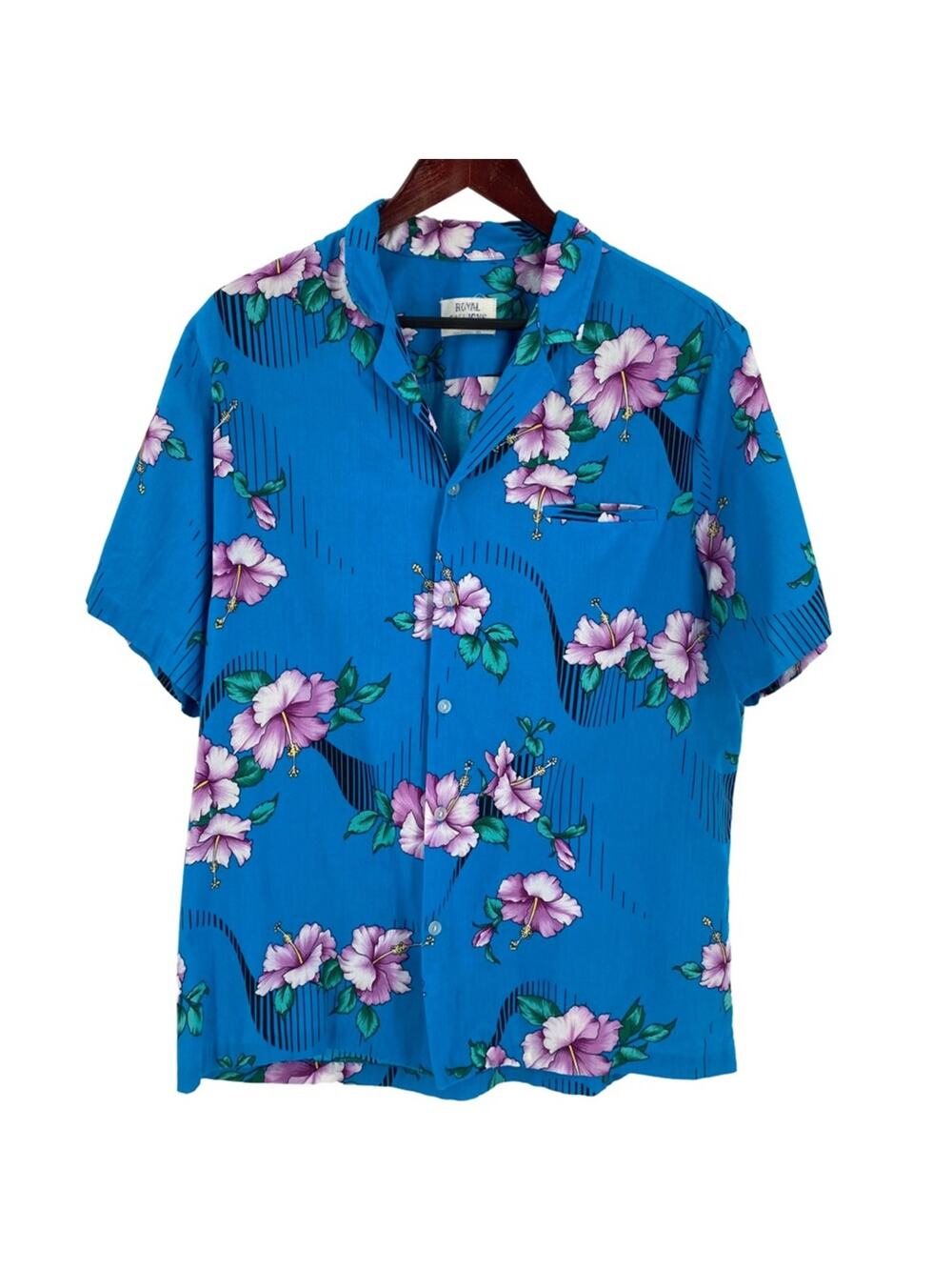 Vintage Hawaiian shirt blue mens short sleeve hibiscus flowers Made in Hawaii